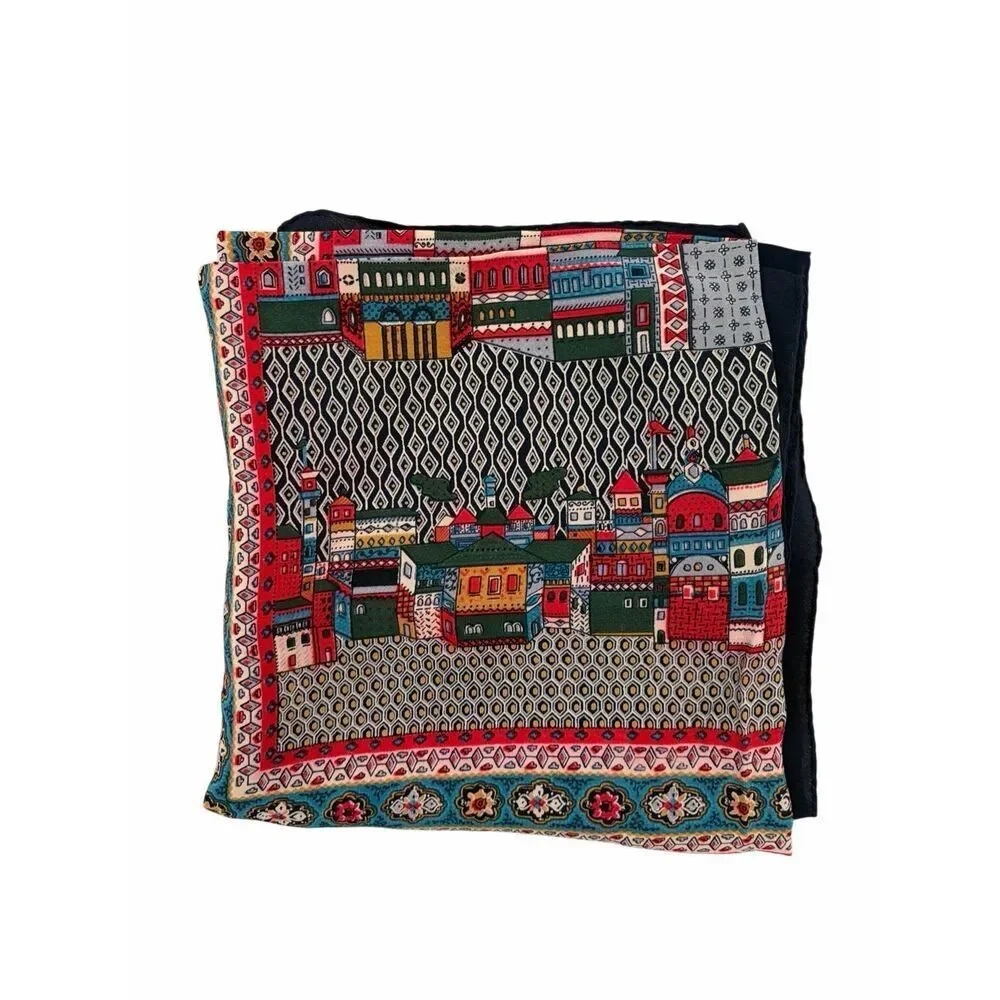 Vintage Vivienne Scenic Silk-Feel Scarf 34” x 34” Blue Cityscape Print Square - Picture 5 of 10